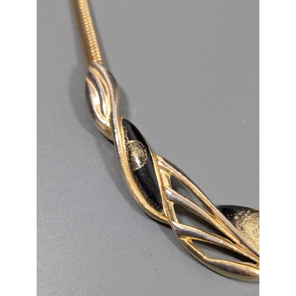 Vintage Gold Tone Omega Chain Necklace Black Enamel V Bar Statement 16" - Picture 5 of 11